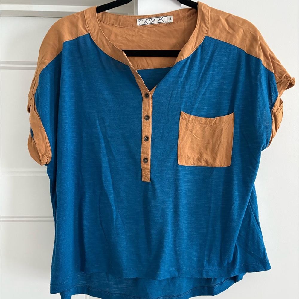 Chloe K Blue and Tan Blouse with Button Detail